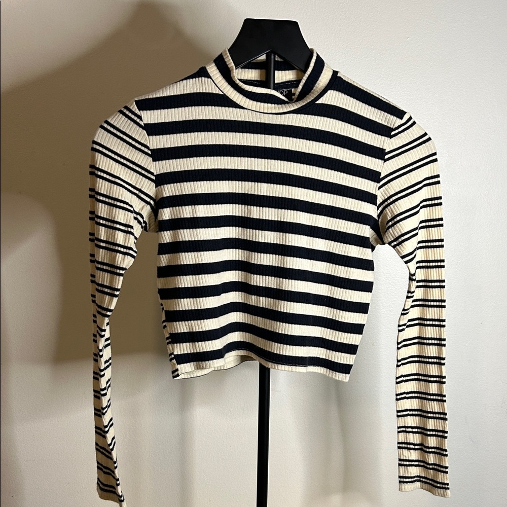 Topshop Navy and White Striped Ribbed Top